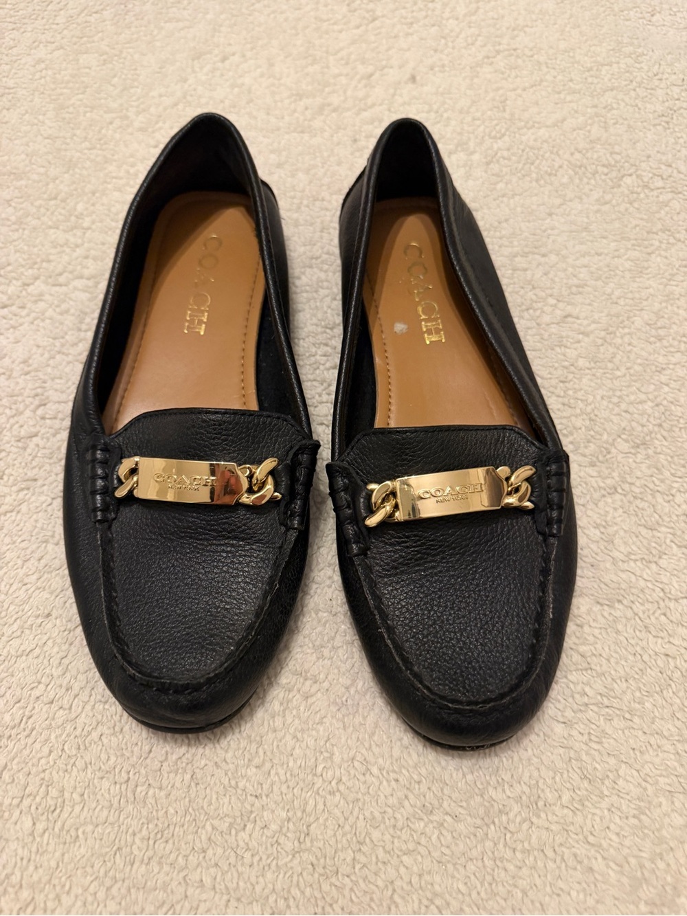 COACH Black Leather ‘Olive’ Loafers with Gold Plaque